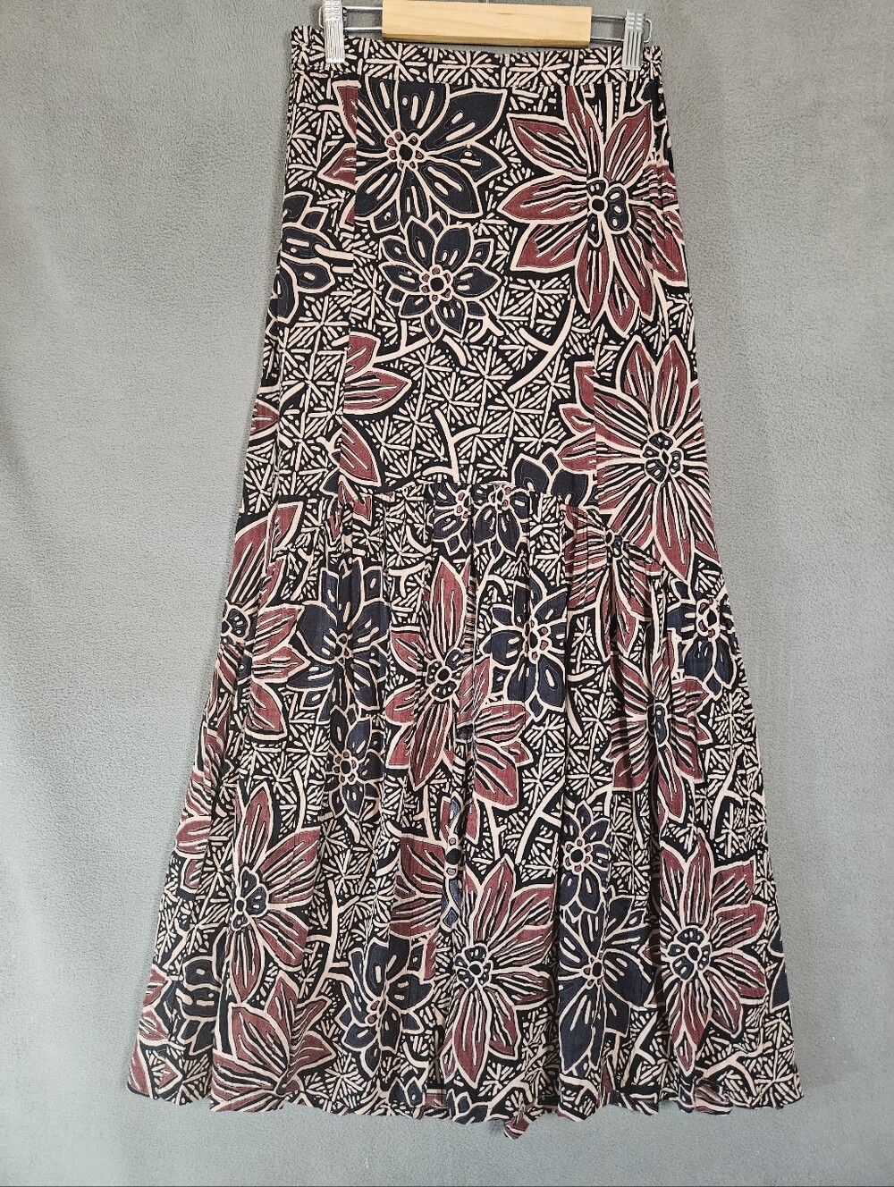 Angie Y2K Womens Small Maxi Skirt Slit Retro Floral Crinkle Brown Black Boho